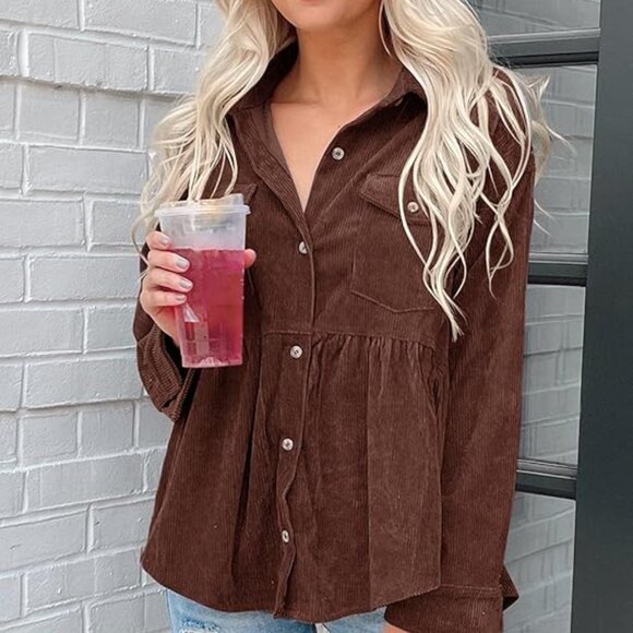Jackets & Blazers - Buttoned-Down Corduroy Soft Peplum Babydoll Brown Shacket with Chest Pockets
